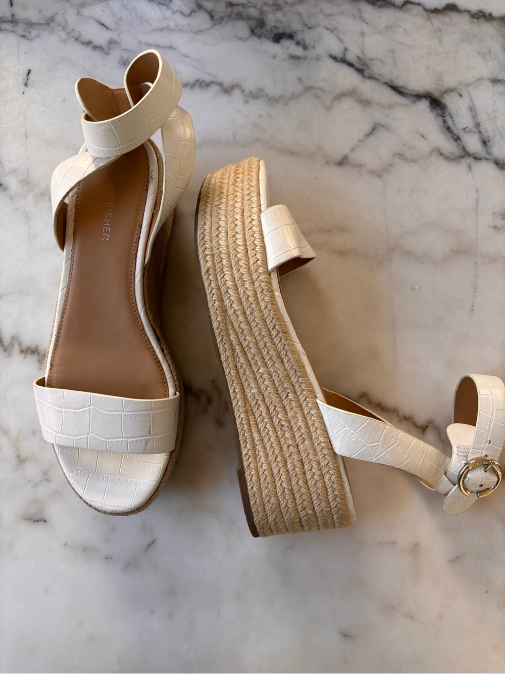 Marc Fisher White Croc-Embossed Espadrille Platform Sandals with Ankle Strap